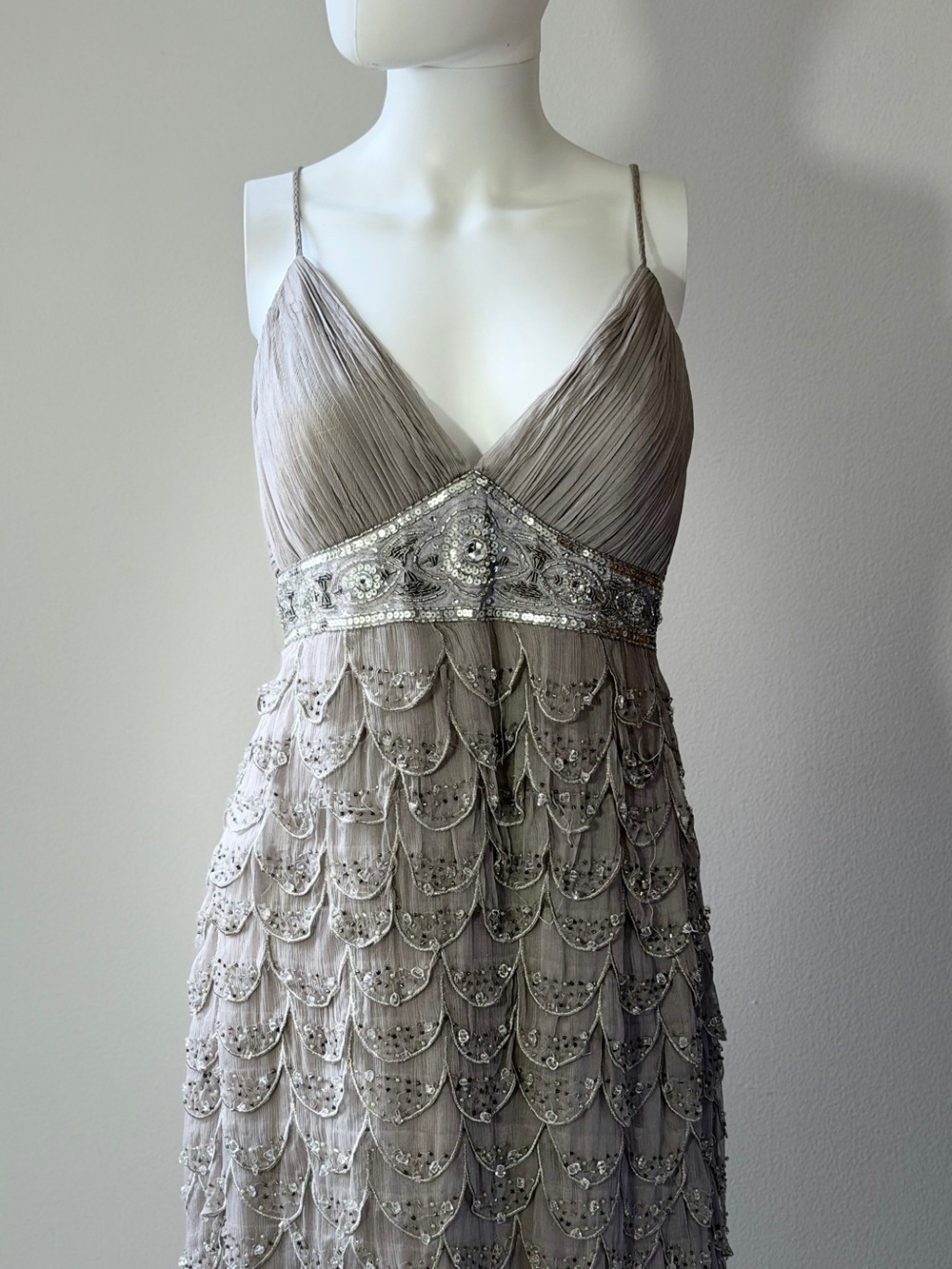 Vintage Sue Wong Silk Beaded Taupe Spaghetti Strap Evening Dress